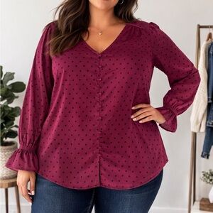 Maurice’s Women Blouse Size XL Burgundy Polka Dot Long Sleeve Top Flowy